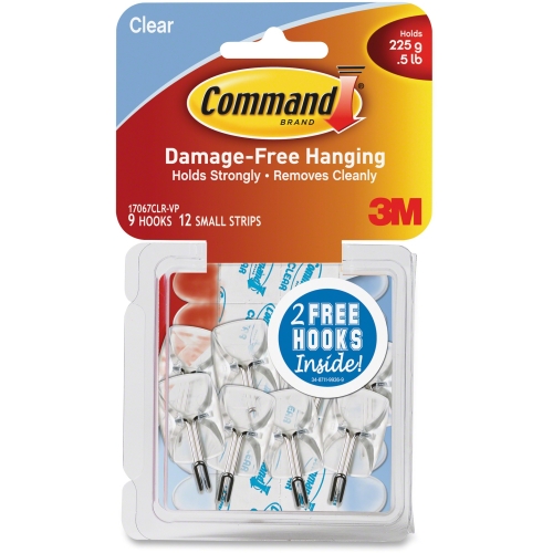 17067clr9es Clear Hooks & Strips, Plastic Wire Small, 9 Hooks With 12 Adhesive Strips Per Pack