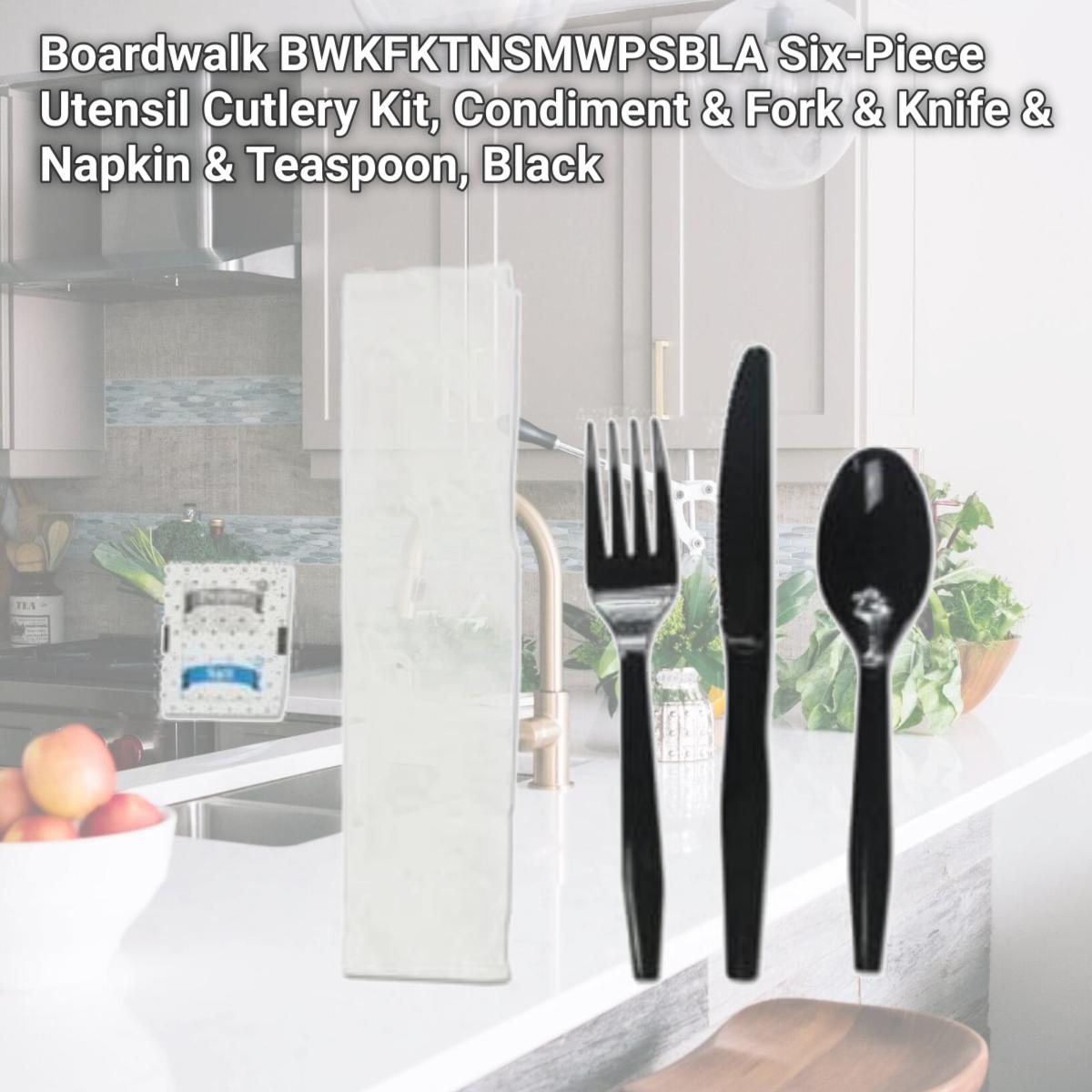 Picture of Boardwalk BWKFKTNSMWPSBLA Six-Piece Utensil Cutlery Kit, Condiment & Fork & Knife & Napkin & Teaspoon, Black