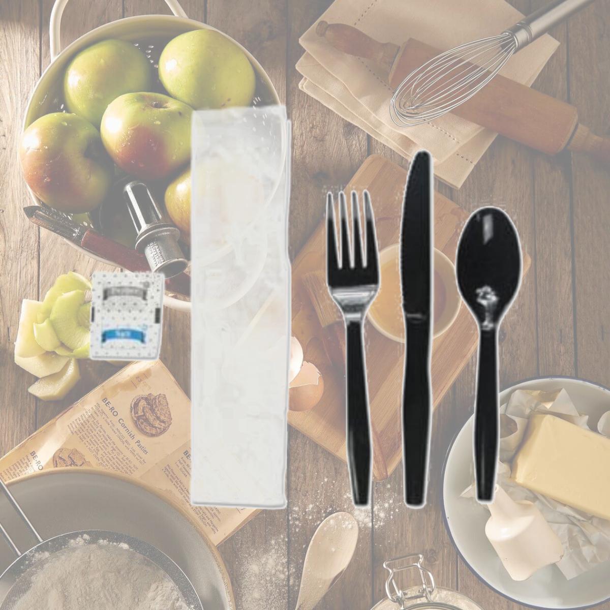 Picture of Boardwalk BWKFKTNSMWPSBLA Six-Piece Utensil Cutlery Kit, Condiment & Fork & Knife & Napkin & Teaspoon, Black