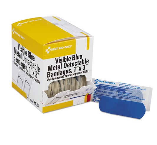H175 1 X 3 In. Plastic Blue Metal Detectable Woven Adhesive Bandages With Foil, 100 Per Box
