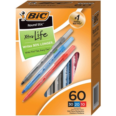 Gsm609ast Round Stic Xtra Precision & Xtra Life Ballpoint Pens, Asoorted Color - Pack Of 60