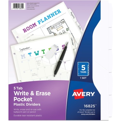 16825 Write & Erase Durable Plastic Dividers With Pocket, White
