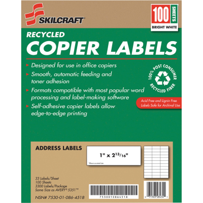 864518 7530010864518 1 X 2.81 In. Recycled Copier Labels, White