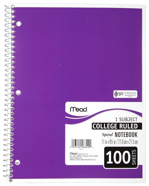Mead Products 6622 11 x 8 in. Perforated Spiral Bound Notebook College Rule White - 100 Sheets Mead Products 6622 11 x 8 in. Perforated Spiral Bound Notebook College Rule White - 100 Sheets