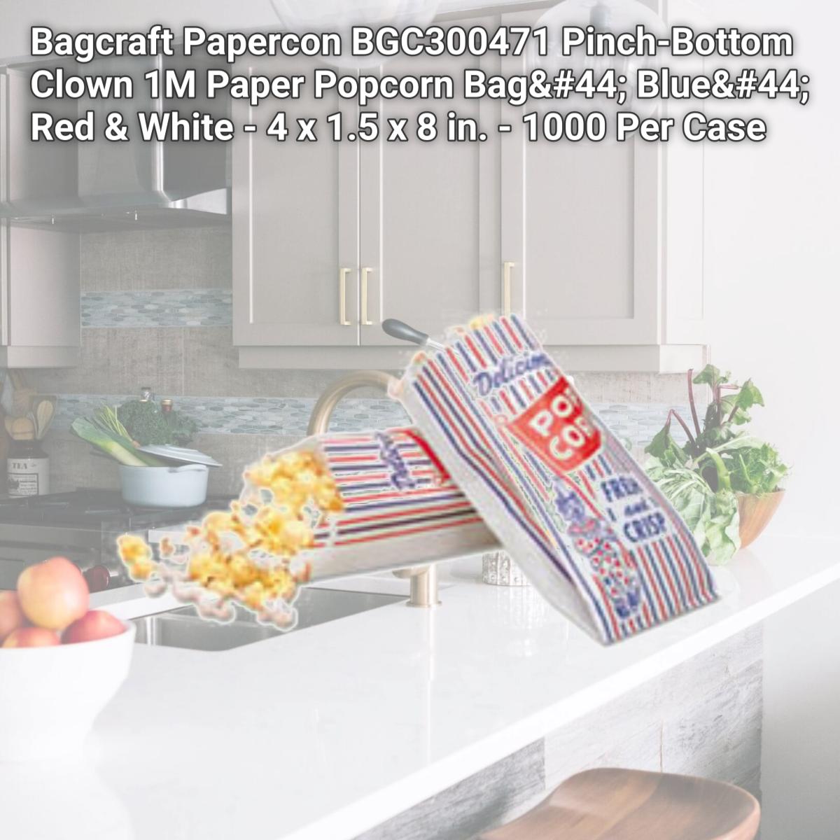 Picture of Bagcraft Papercon BGC300471 Pinch-Bottom Clown 1M Paper Popcorn Bag, Blue, Red & White - 4 x 1.5 x 8 in. - 1000 Per Case