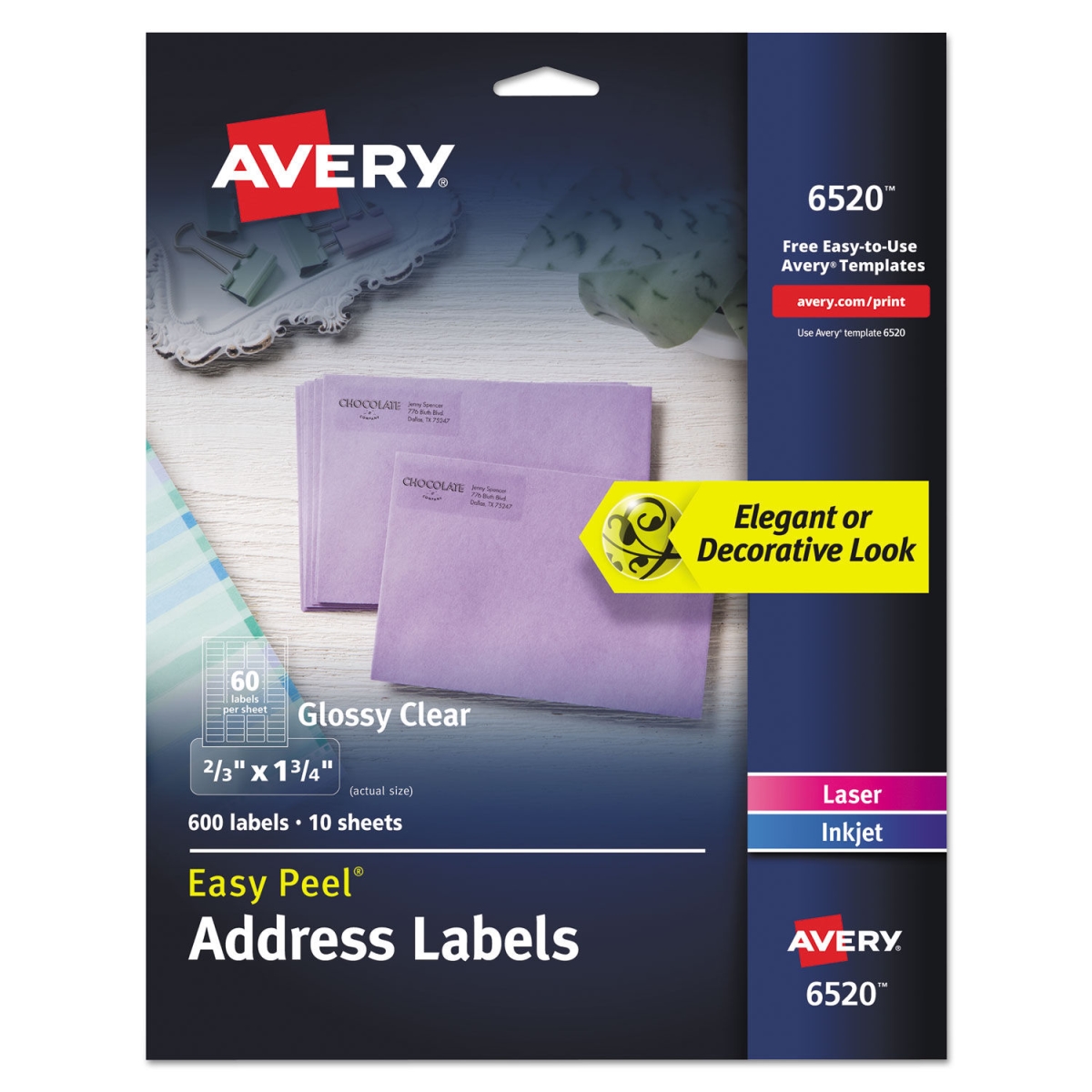 Avery-dennison Ave6520 0.6 X 1.75 In. Glossy Clear Easy Peel Mailing Labels, 60 Per Sheet - Pack Of 10