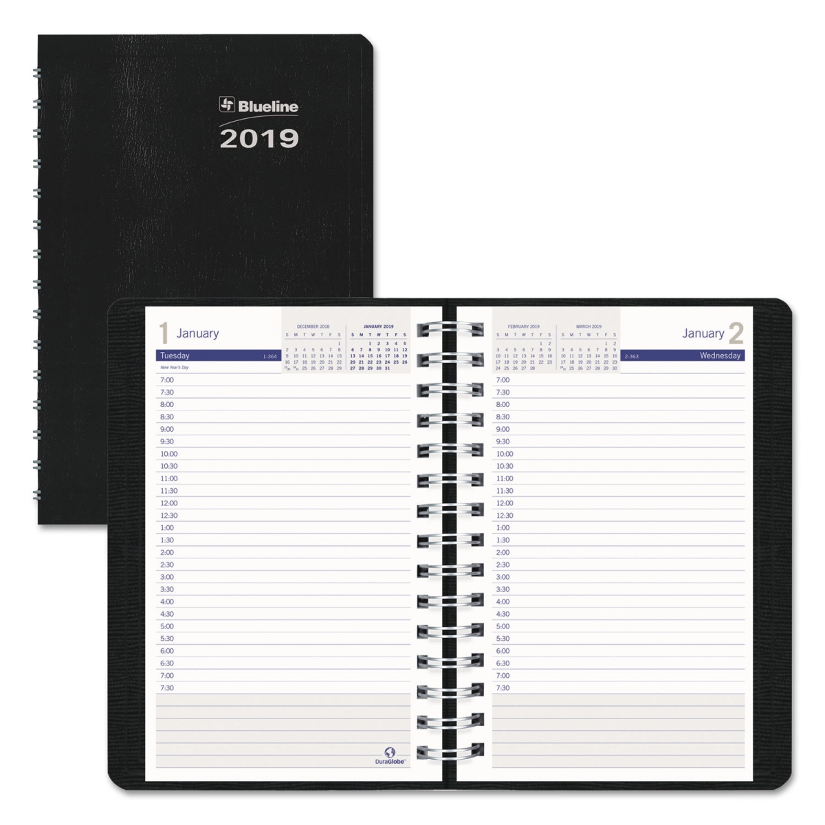 Redc21021t Duraglobe Daily Planner Ruled For 30-minute Appointments For 2019, Black - 8 X 5 In.