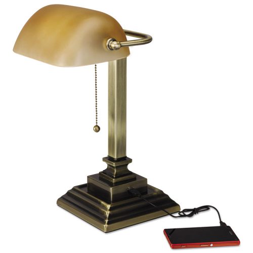 16 In. Traditional Bankers Lamp With Usb, Amber Glass Shade With Antique Brass Base