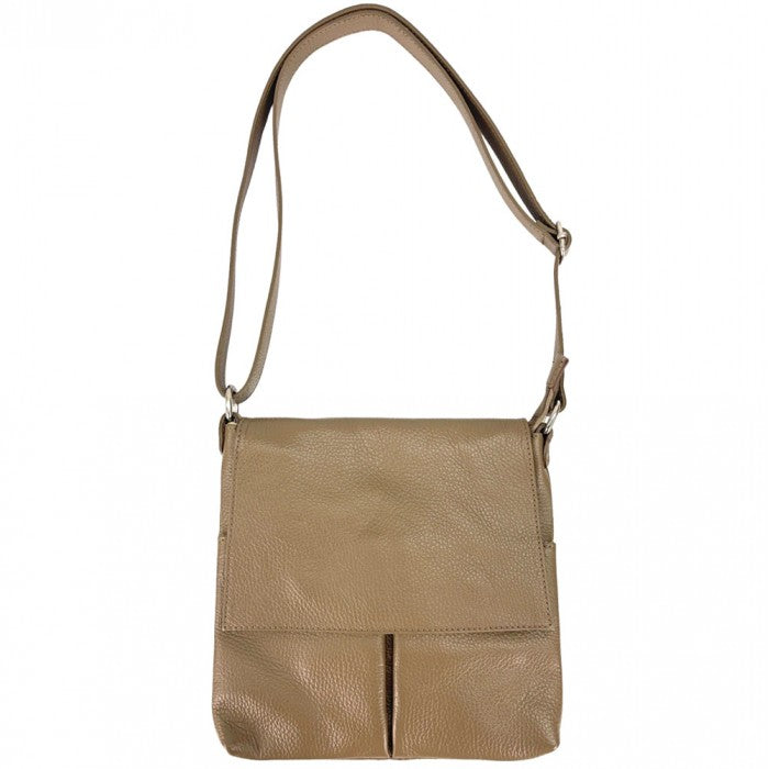 135-268-DarkTaupe Anna Genuine Calf Leather Cross-Body Bag with a Flap Top, Dark Taupe - Small