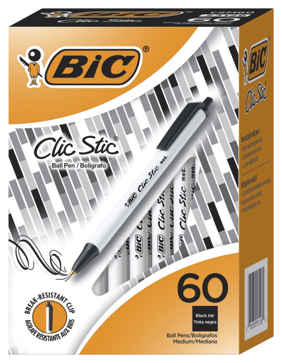 2013421 1 Mm Medium Tip Clic Stic Retractable Ballpoint Pen, Black - Pack Of 60