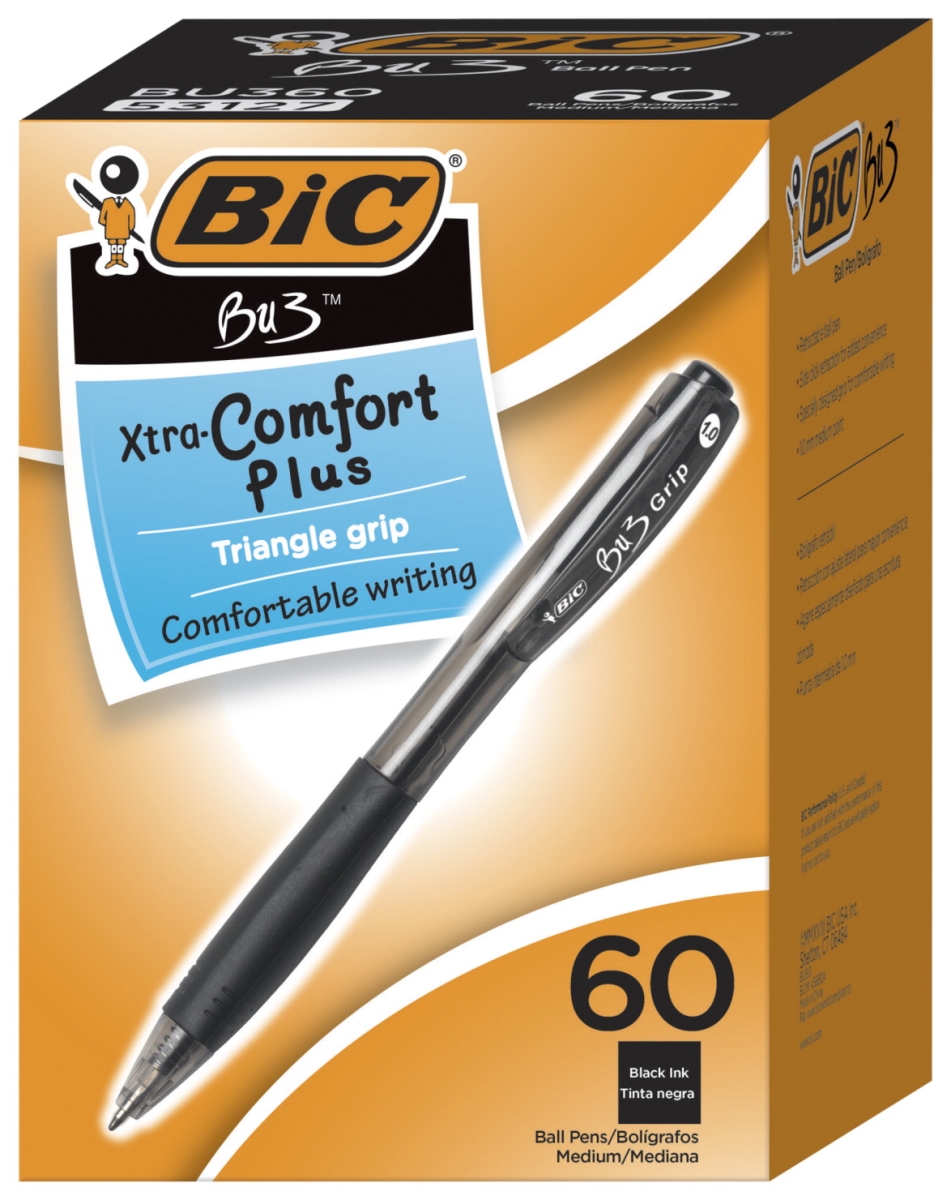 2013419 1 Mm Medium Tip Bu3 Retractable Ball Pen With Grip, Black - Pack Of 60