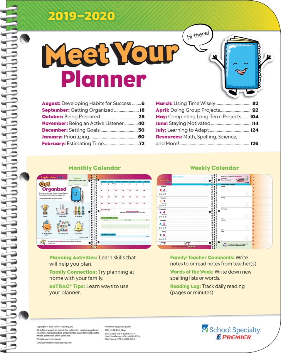 2011054 8 X 10 In. Classic Primary School Block Student Planner - 2019 To 2020