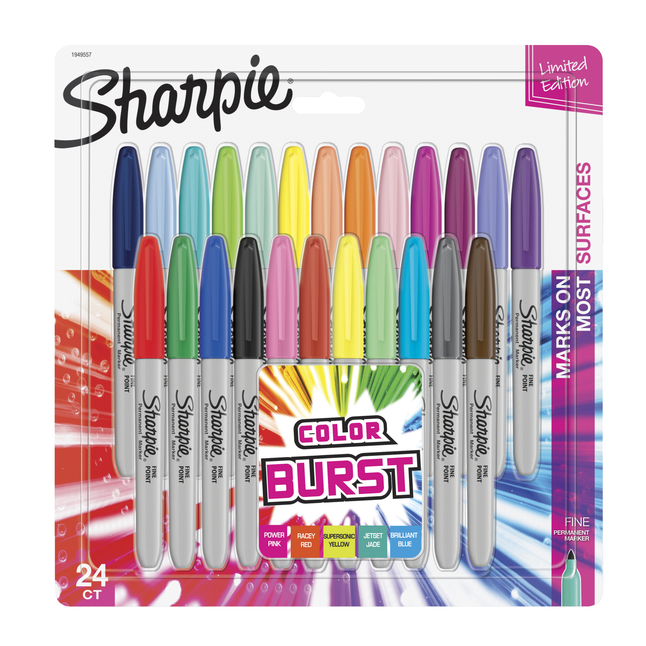 Sharpie 1593560 Fine Point Color Burst Permanent Markers, Assorted Color - Set Of 24