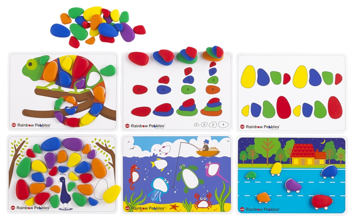 2005730 Rainbow Sorting & Stacking Pebbles Activity Set With 12 Double-sided Activity Cards - 48 Piece