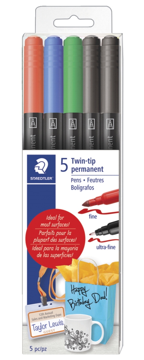 Staedtler 2004257 Twin Tip Permanent Marker Pens, Assorted Color - Set Of 5