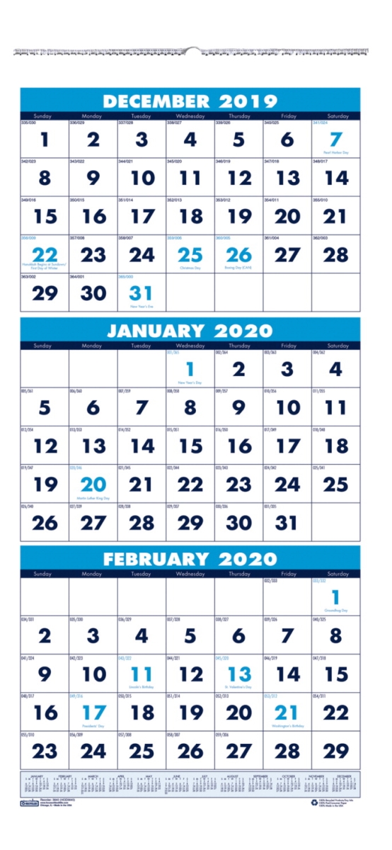 2006446 12.25 X 26 In. 2020 3 Month Vertical Wall Calendar