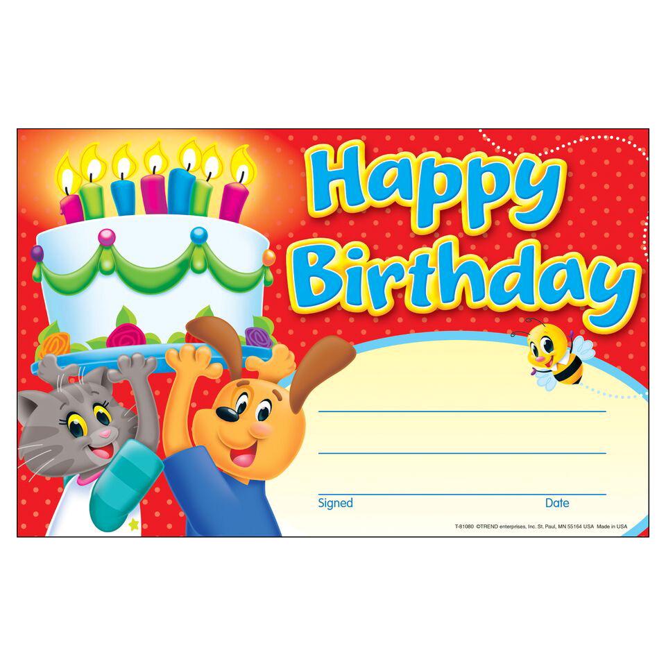 2003462 Happy Birthday Certificates - Playtime Pals - Pack Of 30
