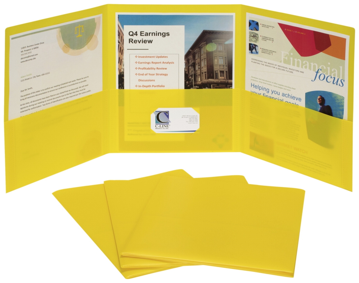 C-line 2020303 3-pocket Poly Portfolios With Letter, Yellow - Pack Of 24