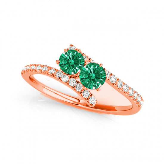 R781-em-d-1.0-14r-si-2 1.0 14k Rose Gold Emerald Two Stone Rings, Si-2 Round