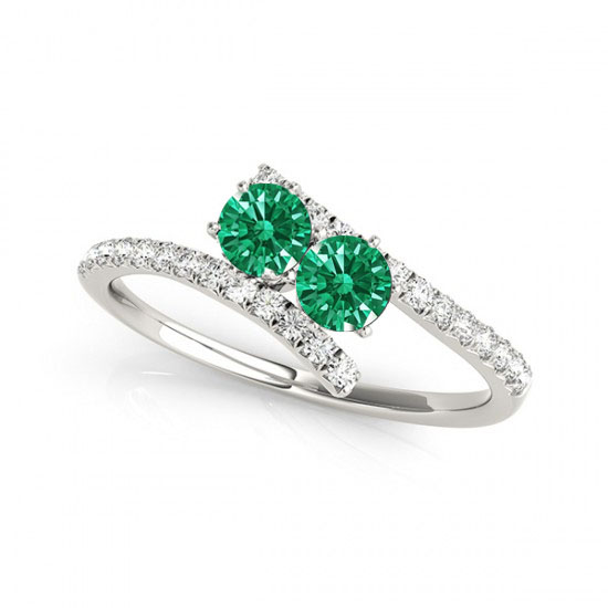 R781-em-d-1.0-14w-si-2 1.0 14k White Gold Emerald Two Stone Rings, Si-2 Round