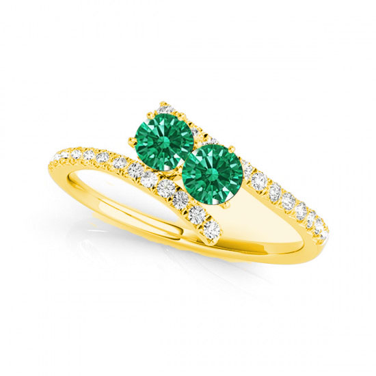 R781-em-d-1.0-14y-si-2 1.0 14k Yellow Gold Emerald Two Stone Rings, Si-2 Round