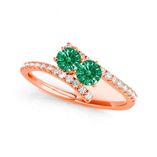 R781-EM-D-.75-14R-vs-2 0.75 14K Rose Gold Emerald Two Stone Rings, vs-2 Round