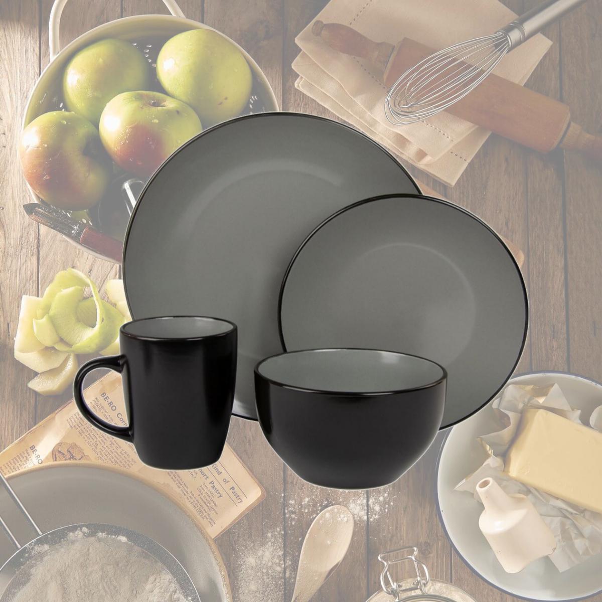 Picture of 10 Strawberry Street 2TONE-16-BLKG 16 Piece Two Tone Coupe Dinnerware Set, Black & Gray