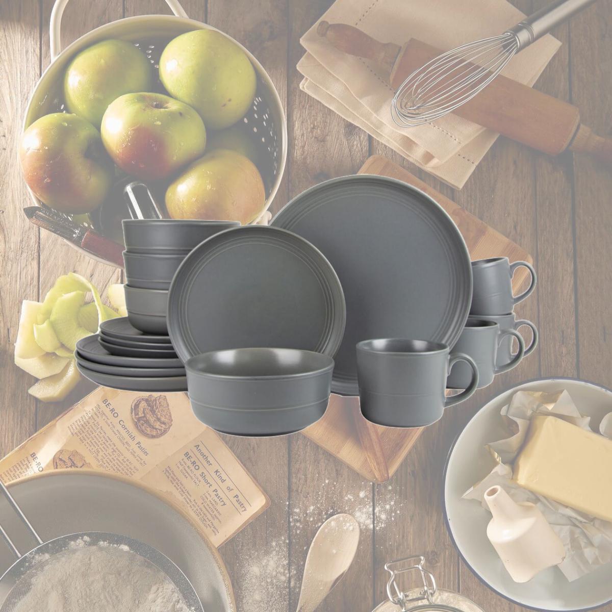 Picture of 10 Strawberry Street DBL-16-DKGRY 16 Piece Double Line Dinnerware Set, Matte Gray