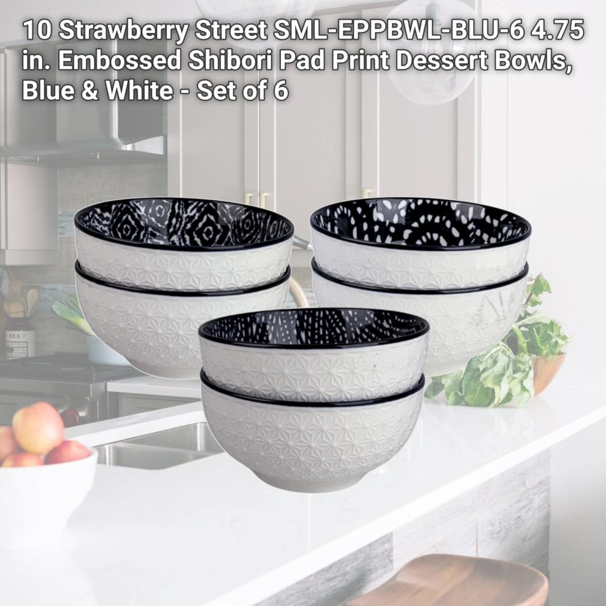 Picture of 10 Strawberry Street SML-EPPBWL-BLU-6 4.75 in. Embossed Shibori Pad Print Dessert Bowls, Blue & White - Set of 6