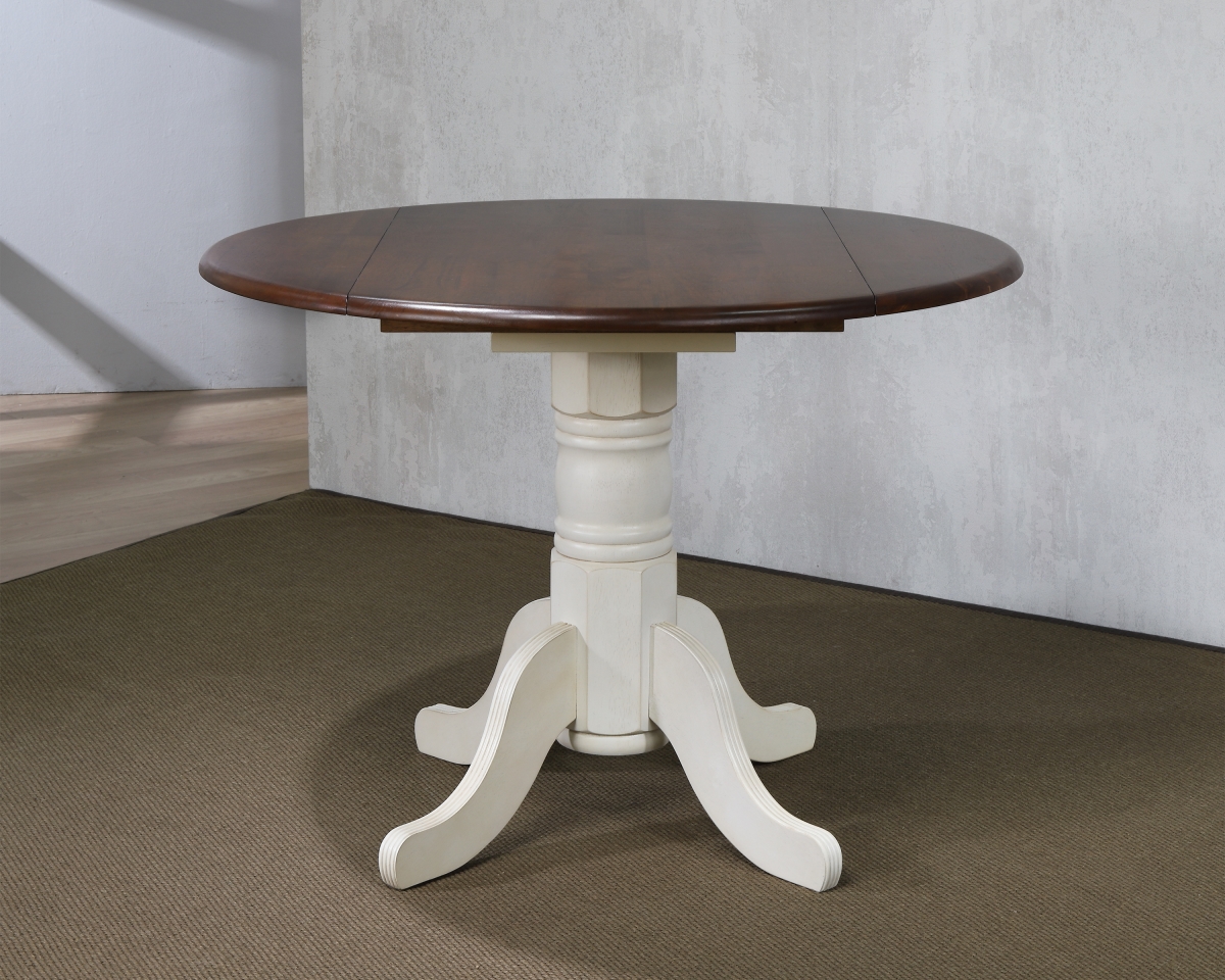 Dlu-adw4242-aw Round Drop Leaf Dining Table - Antique White With Chestnut Top