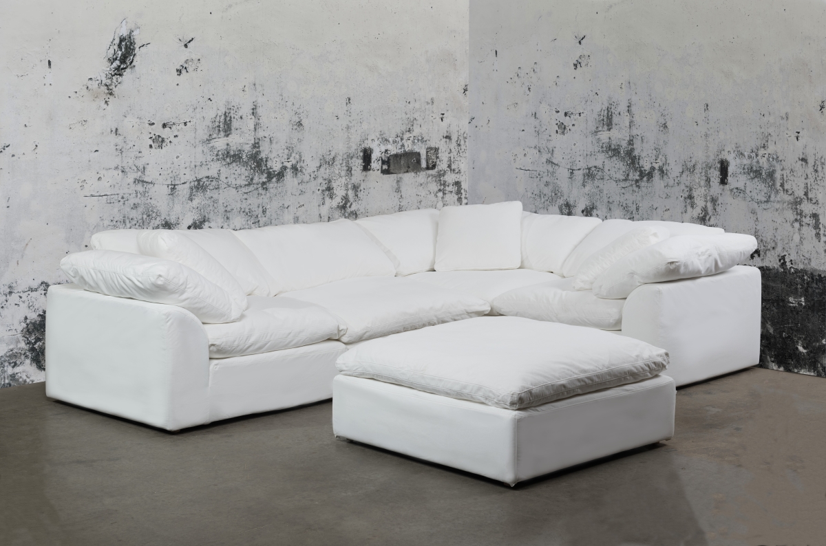 Contemporary Puff Collection 5PC Slipcovered Modular L-Shaped Sectional Sofa with Ottoman - White