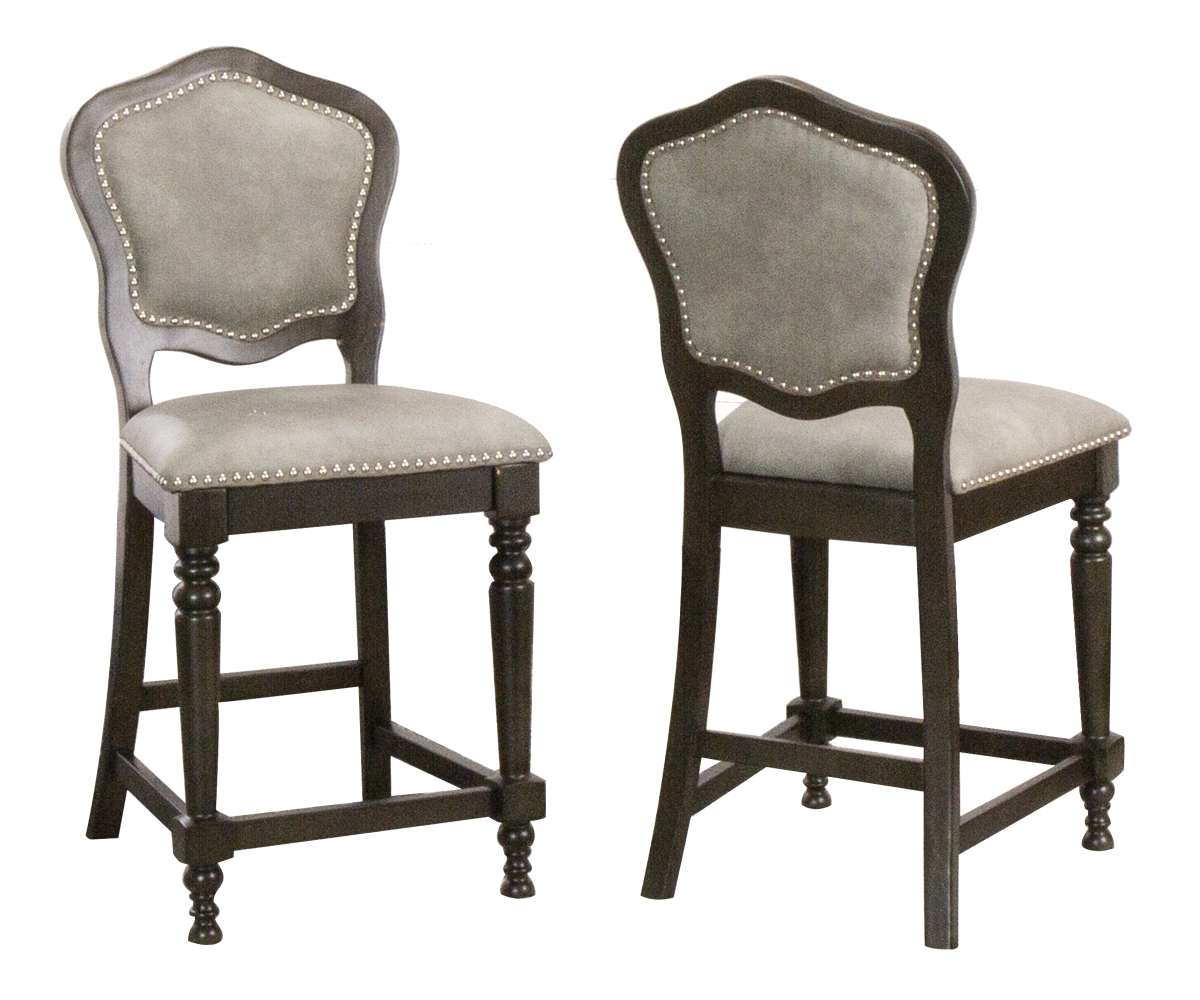 Sunset Furniture International Vegas Upholstered Barstools With Backs - Counter Height Dining Chairs & Nailheads, Distressed Gray Wood - Set Of 2