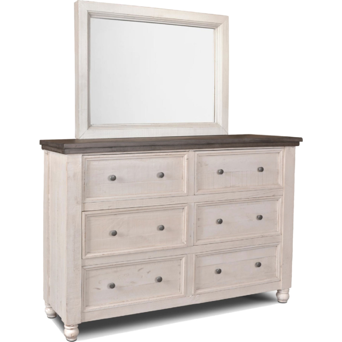 HH-4750-20-310 Rustic French 6 Drawer Double Dresser & Mirror Set, Distressed White & Brown Solid Wood