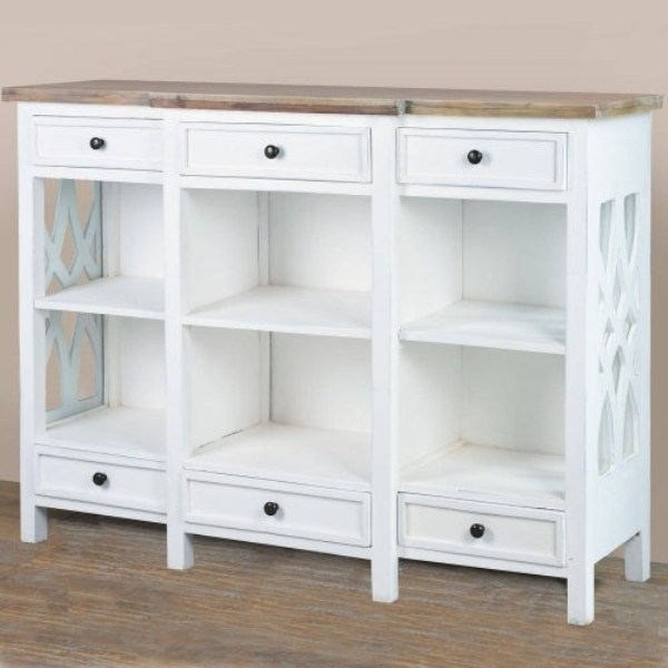 59 in. Cottage Lattice Display Console Table - Distressed White & Driftwood Brown
