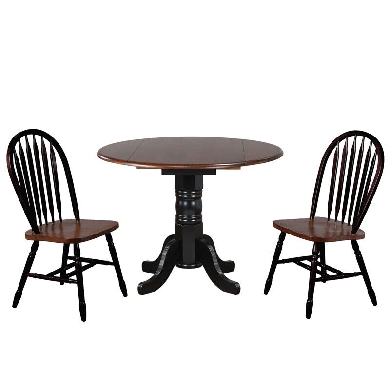 42 in. Round Extendable Solid Wood Dining Set, Antique Black & Chestnut - 3 Piece