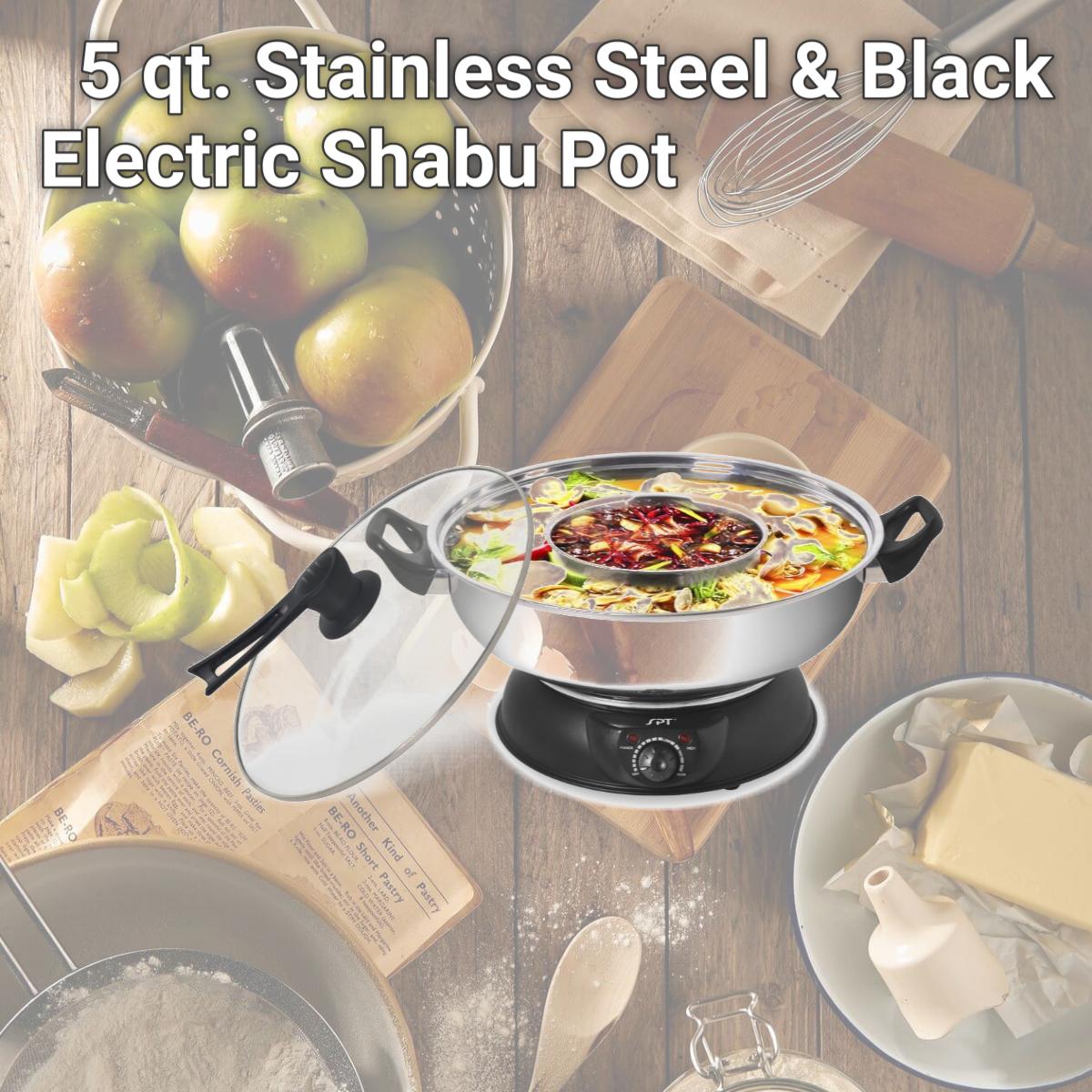 Picture of SPT SS-303 5 qt. Stainless Steel & Black Electric Shabu Pot