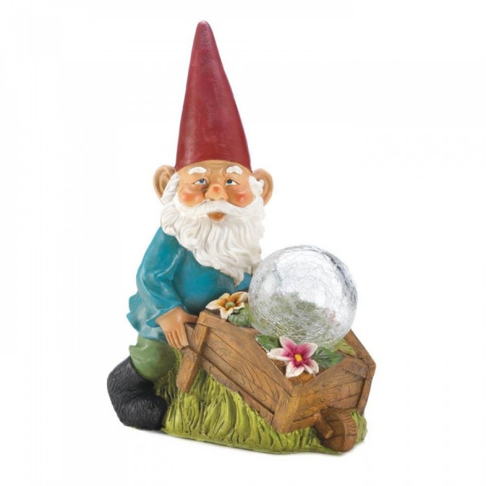 10018278 Gnome With Wheel Barrow Solar Statue