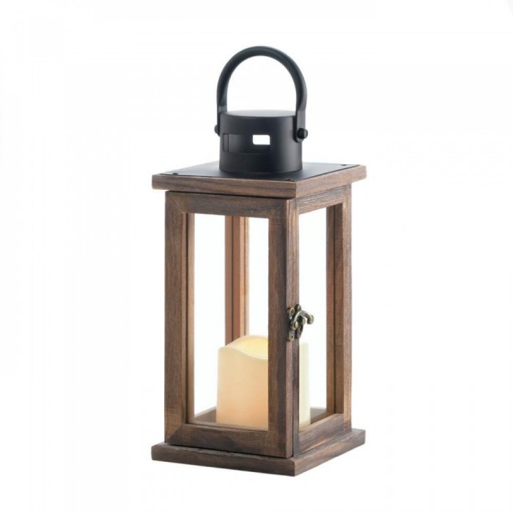 10018312 Lodge Wooden Lantern With Led Candle