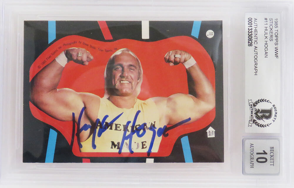 HOGCAR501 No.11 Hulk Hogan Signed WWF 1985 Topps WWE Sticker Card - Beckett Encapsulated & Auto Grade 10