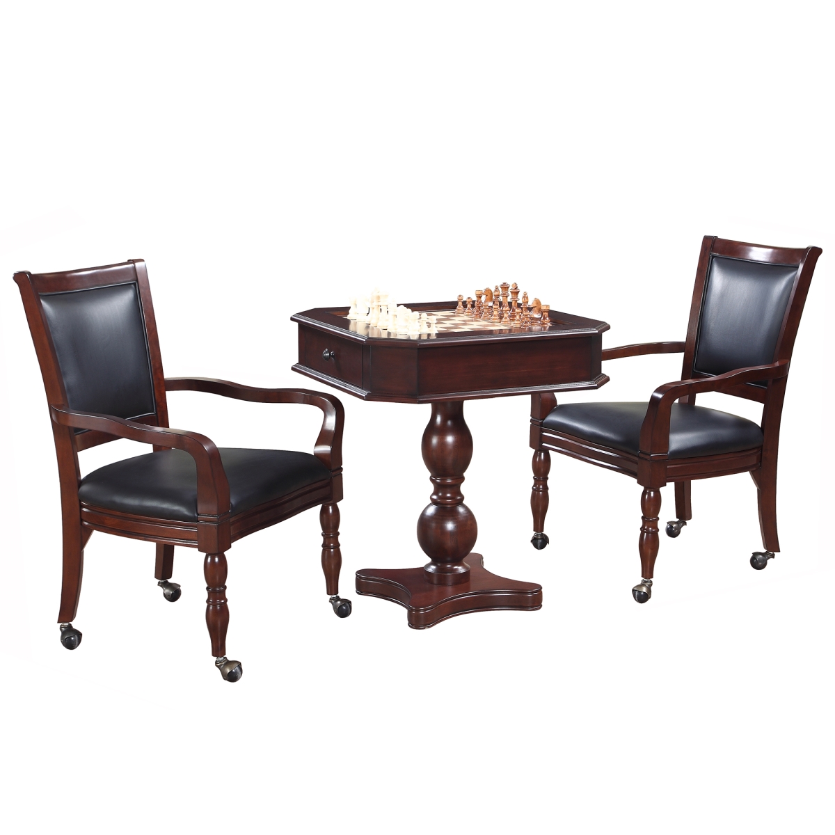 Ng2995 Fortress Chess, Checkers & Backgammon Pedestal Game Table & Chairs Set, Mahogany