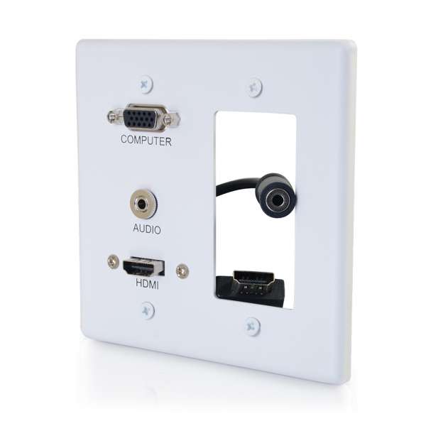 39877 Hdmi, Vga & 3.5 Mm Audio Pass Through Double Gang Wall Plate With One Decorative Cutout, White