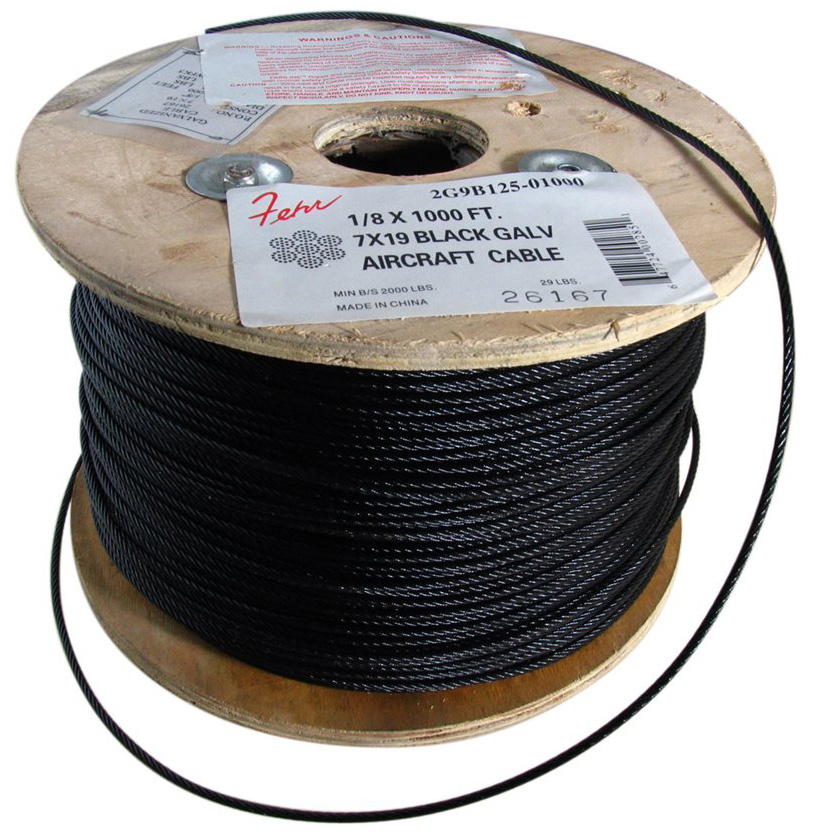 2g9b125-01000 0.12 In. X 1000 Ft. 7 X 19 Galvanized Steel Aircraft Cable, Black