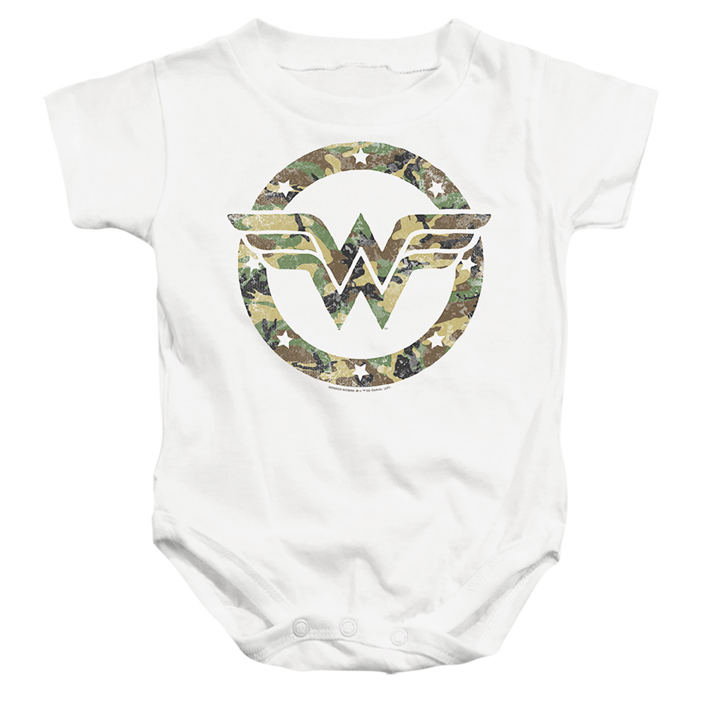 JLA1230-SS-1 DC Wonder Woman Camo Logo Infant Snapsuit, White - Small - 6 Month