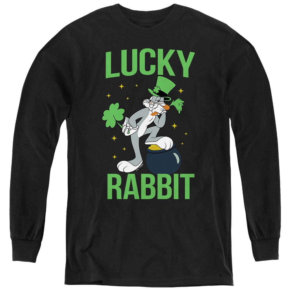LT10056SPD-YL-2 Looney Tunes Bugs Bunny St. Patricks Lucky Rabbit Long Sleeve Youth T-Shirt, Black - Medium