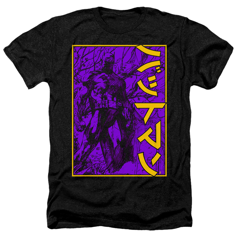 BM2919-HA-3 Batman & Big Framed Kanji-Adult Heather Short Sleeve T-Shirt, Black - Large