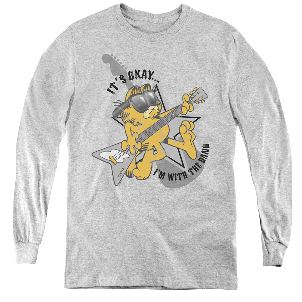 GAR206-YL-3 Garfield & Im with the Band Youth Long Sleeve T-Shirt, Athletic Heather - Large