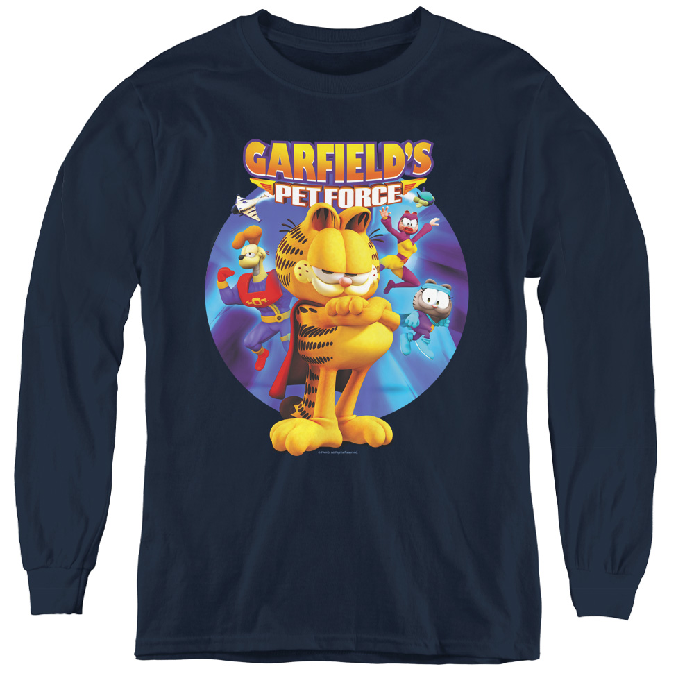 GAR435-YL-1 Garfield & DVD Art Youth Long Sleeve T-Shirt, Navy - Small