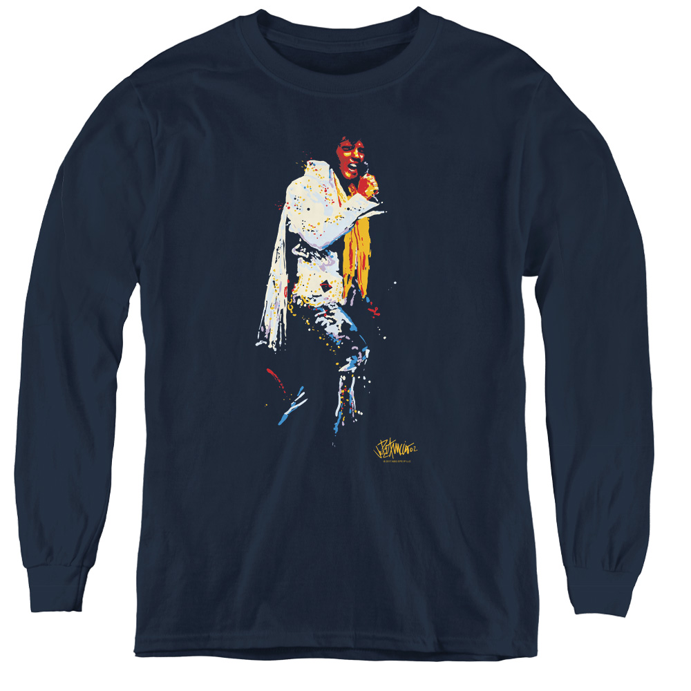 ELV689-YL-2 Elvis Presley & Yellow Scarf Youth Long Sleeve T-Shirt, Navy - Medium