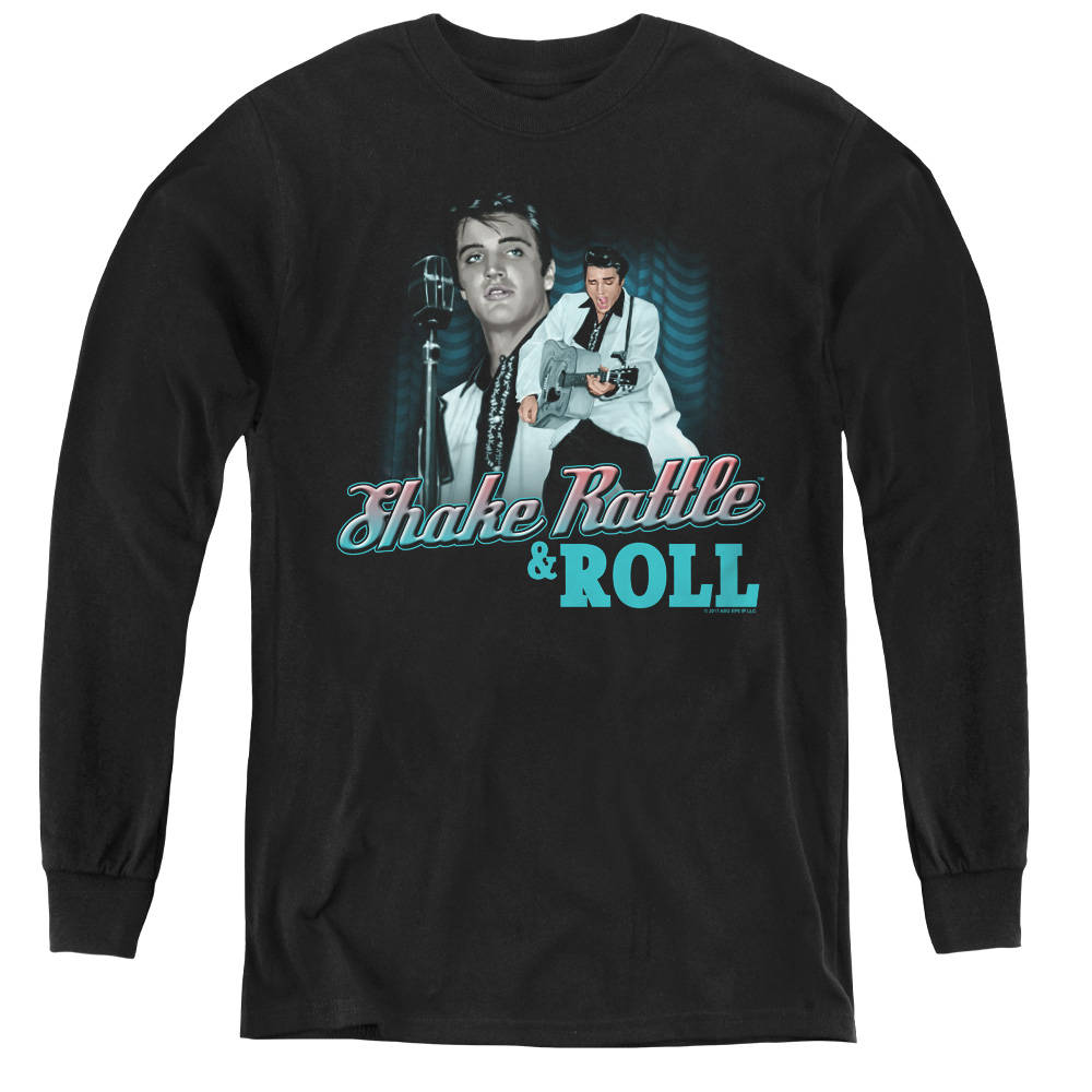 ELV696-YL-4 Elvis Presley & Shake Rattle & Roll Youth Long Sleeve T-Shirt, Black - Extra Large
