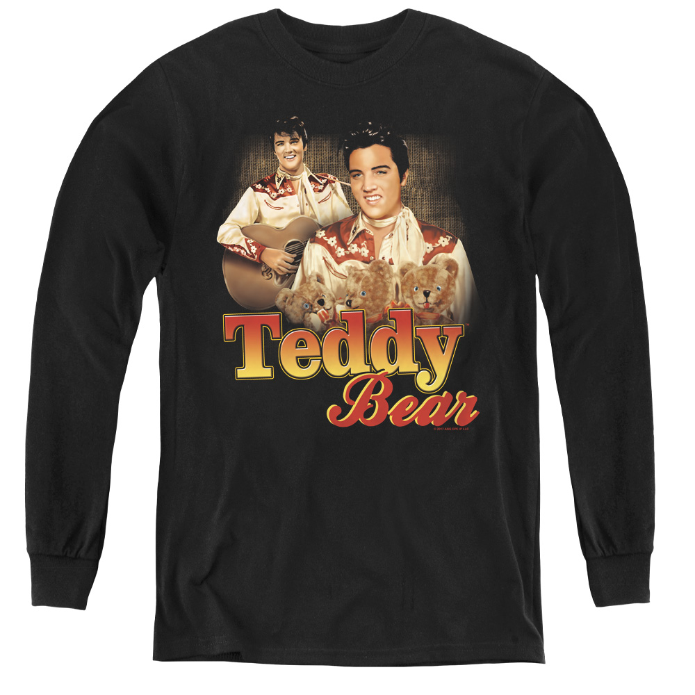 ELV701-YL-1 Elvis Presley & Teddy Bear Youth Long Sleeve T-Shirt, Black - Small
